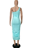 Cyanine Fashion Sexy Solid Backless One Shoulder Sleeveless Dress
