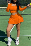 Оранжевый сексуальный сплошной выдолбленный асимметричный U-образный вырез с длинным рукавом из двух частей