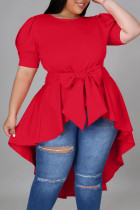 Vestido irregular rojo casual sólido vendaje patchwork asimétrico cuello redondo Vestidos