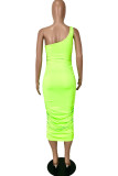 Fluorescent Green Fashion Sexy Solid Backless One Shoulder Sleeveless Dress