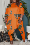 Orange Fashion Casual Print Asymétrique O Neck Plus Size Two Pieces