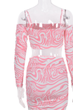 Pink Sexy Print Patchwork Spaghetti Strap Long Sleeve Two Pieces