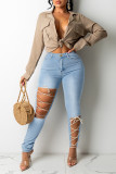 Azul médio moda casual bandagem sólida escavada cintura alta jeans skinny