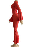 Roter, lässiger, solider Patchwork-Jumpsuit mit asymmetrischem V-Ausschnitt und Boot-Cut