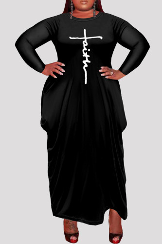 Vestidos de manga larga con cuello en O asimétrico con estampado de tallas grandes casuales de moda negra