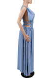 Blue Elegant Solid Hollowed Out Patchwork V Neck Straight Dresses