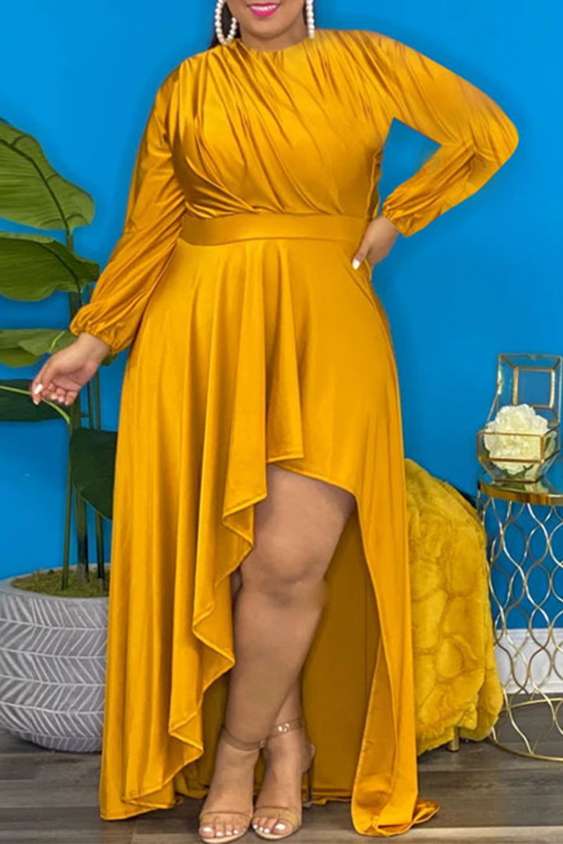 

Gold Sexy Solid Split Joint Asymmetrical O Neck Irregular Dress Plus Size Dresses