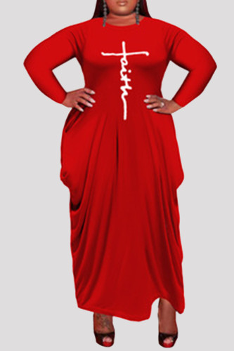 Red Fashion Casual Plus Size Print Asymmetrical O Neck Long Sleeve Dresses