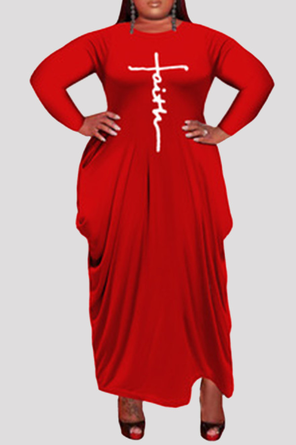 Red Fashion Casual Plus-maten Print Asymmetrische O-hals Jurken met lange mouwen