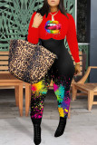Macacão vermelho moda casual estampa patchwork com decote tamanho grande