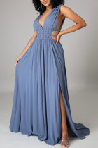 ブルーのエレガントなソリッドホローアウトパッチワークVネックストレートドレス
