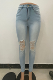 Baby Blue Casual Solid Ripped Mid Waist Skinny Denim Jeans