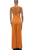 Orange Casual Solid Hollowed Out Patchwork Frenulum U Neck Straight Jumpsuits