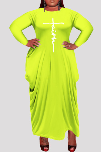 Fluoreszierendes Gelb Mode Casual Plus Size Print Asymmetrische O-Ausschnitt Langarm-Kleider