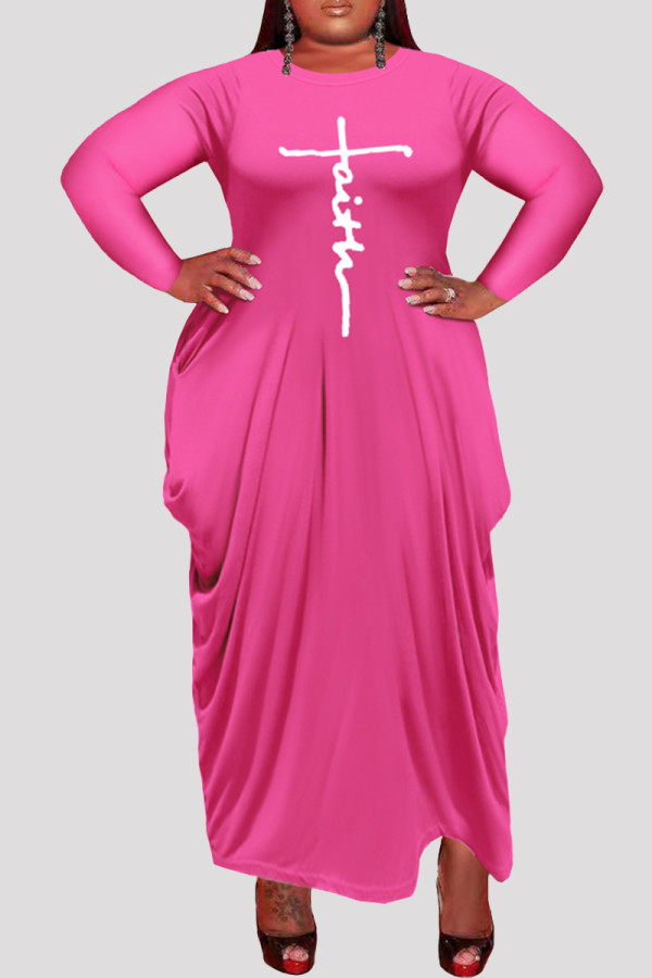 Розово-красные модные повседневные платья больших размеров с асимметричным вырезом и длинным рукавом с принтом