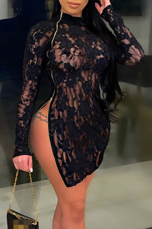 Черное сексуальное сплошное лоскутное прозрачное платье-юбка-карандаш на молнии с воротником-молнией