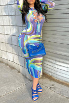 Blue Fashion Sexy Print Bandage O Шея Платья с длинным рукавом