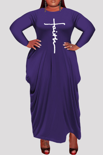 Lila Mode Casual Plus Size Print Asymmetrisk O-hals långärmade klänningar