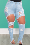 Синие сексуальные однотонные рваные джинсы больших размеров