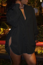 ブラック ファッション カジュアル ソリッド バンデージ くり抜き ターンダウン カラー シャツ ドレス