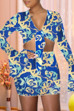 Dark Blue Sexy Print Patchwork V Neck Long Sleeve Two Pieces