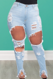 Blå Sexiga Solid Ripped Plus Size Jeans