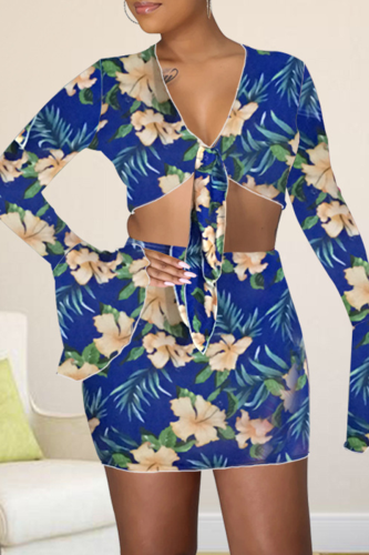 Dark Blue Sexy Print Patchwork V Neck Long Sleeve Two Pieces
