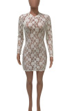 Белое сексуальное сплошное лоскутное прозрачное платье-юбка-карандаш на молнии с воротником-молнией