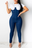 Blue Casual Solid Patchwork O Neck Skinny Jumpsuits
