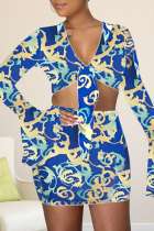 Light Blue Sexy Print Patchwork V Neck Long Sleeve Two Pieces