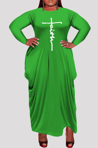 Vestidos de manga larga con cuello en O asimétrico con estampado informal de talla grande de moda verde