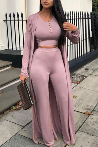 Nude Pink Casual Solid Patchwork Buttons O Neck Sleeveless Three Pieces Long Cardigan Crop Tops And Wide Leg Pants