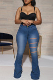 Deep Blue Mode Casual Solid Ripped Plus Size Jeans