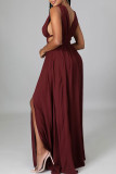 Rojo purpúreo elegante sólido ahuecado patchwork cuello en V vestidos rectos