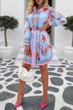 Multicolor Fashion Casual Print With Belt Turndown Collar Long Sleeve Shirt Dress