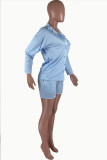 Light Blue Sexy Solid Split Joint Turndown Collar Three Quarter Two Pieces