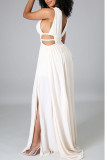 クリームホワイトのエレガントなソリッドくり抜きパッチワークVネックストレートドレス