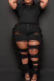Черные сексуальные однотонные рваные джинсы больших размеров с кисточками