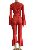 Roter, lässiger, solider Patchwork-Jumpsuit mit asymmetrischem V-Ausschnitt und Boot-Cut