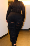 Black Sexy Solid Tassel Ripped Plus Size Jeans