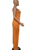 Orangefarbene, lässige, solide, ausgehöhlte Patchwork-Frenulum-Jumpsuits mit geradem U-Ausschnitt