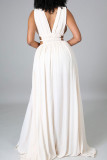 Cream White Elegant Solid Hollowed Out Patchwork V Neck Straight Dresses