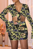 Dark Blue Sexy Print Patchwork V Neck Long Sleeve Two Pieces
