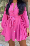 Vestidos de falda de pastel con cuello en V de patchwork liso casual rojo rosa