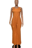 Yellow Casual Solid Hollowed Out Patchwork Frenulum U Neck Straight Jumpsuits