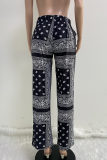 Blaue Street-Print-Patchwork-Hose mit gerader mittlerer Taille und geradem Volldruck