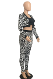 Black White Sexy Leopard Patchwork O Neck Long Sleeve Three Pieces