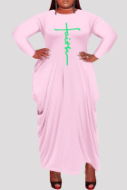 ピンク ファッション カジュアル プラス サイズ プリント非対称 O ネック長袖ドレス