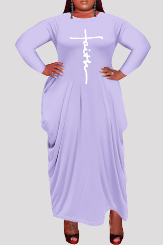 Ljuslila Mode Casual Plus Size Print Asymmetrisk O-hals långärmade klänningar