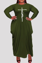 Army Green Fashion Casual Plus Size Print Asymmetrische O-Ausschnitt Langarm-Kleider